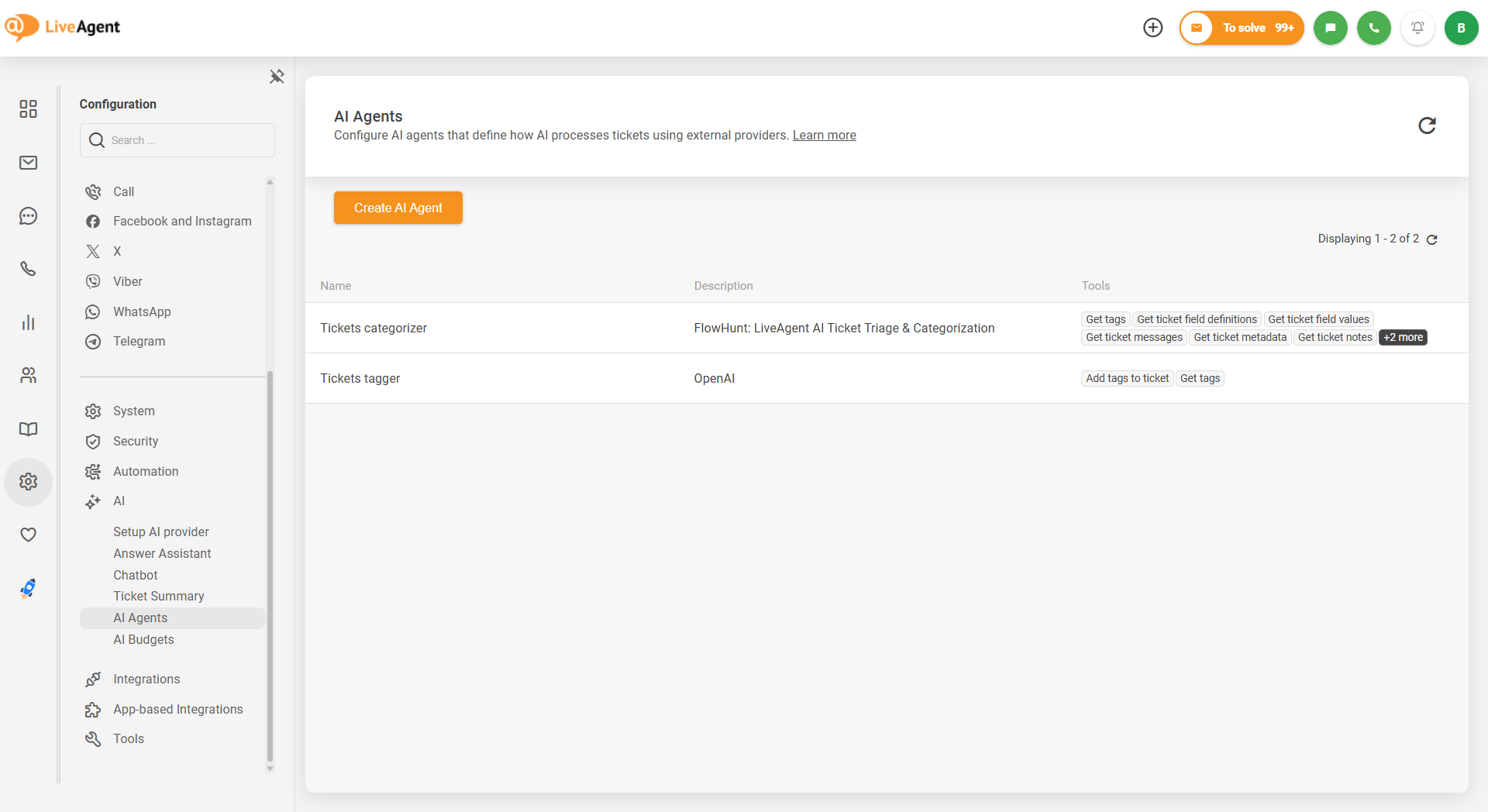 Οθόνη διαμόρφωσης AI Agents του LiveAgent που εμφανίζει agents κατηγοριοποίησης και προσθήκης ετικετών σε tickets