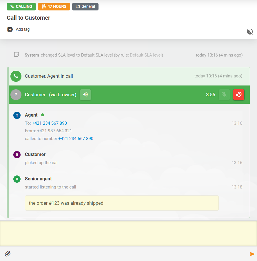 Χαρακτηριστικό Call Listening του LiveAgent με αλληλεπίδραση σημειώσεων μεταξύ πρακτόρων