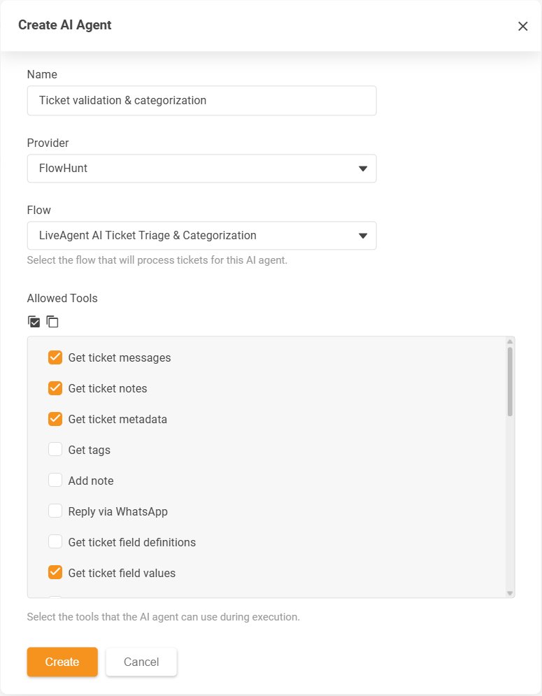Παράθυρο δημιουργίας AI Agent του LiveAgent με τη λίστα Allowed Tools των επιτρεπόμενων ενεργειών
