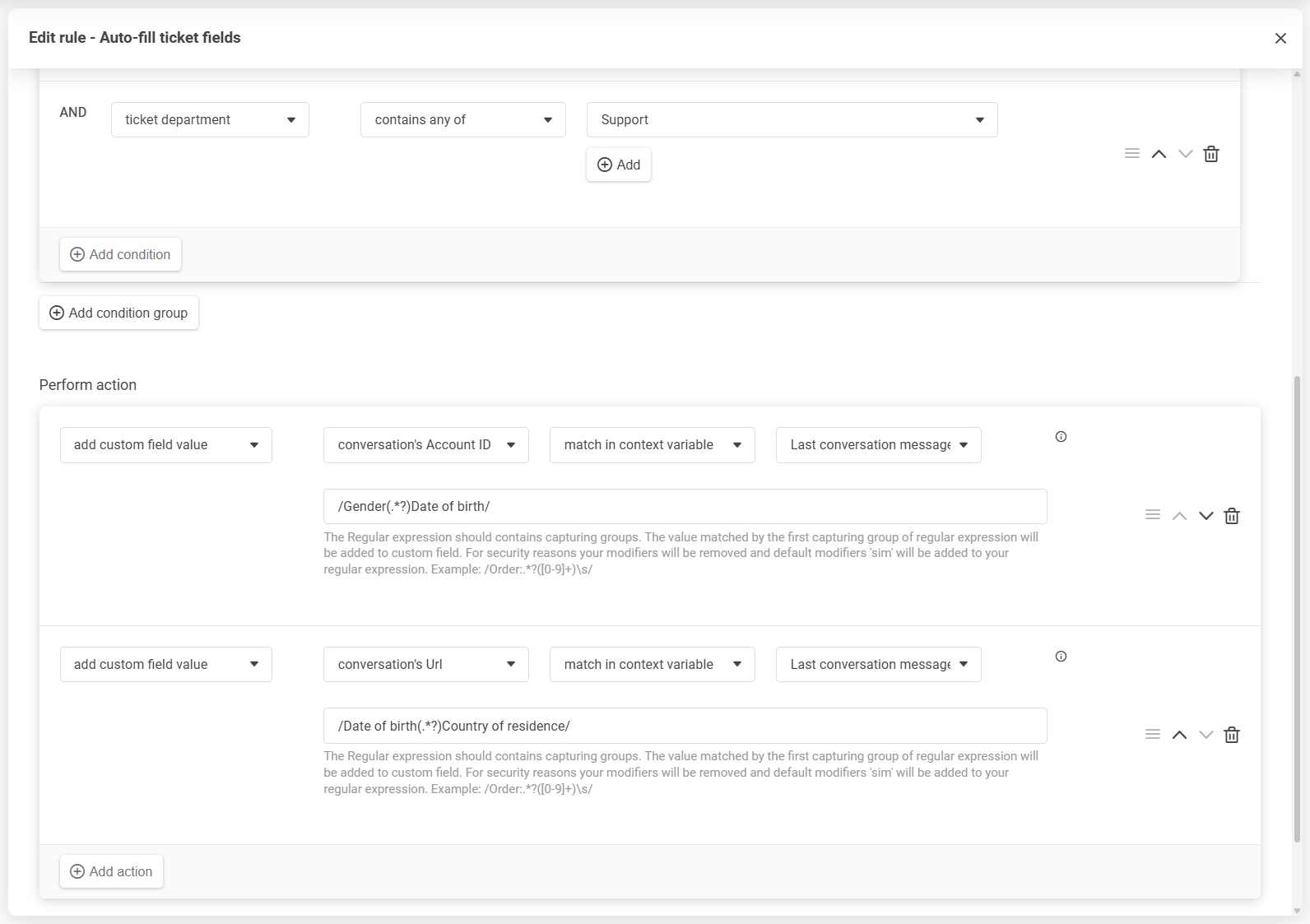 Επεξεργαστής κανόνων LiveAgent με αναδιάταξη συνθηκών και ενεργειών μέσω drag-and-drop