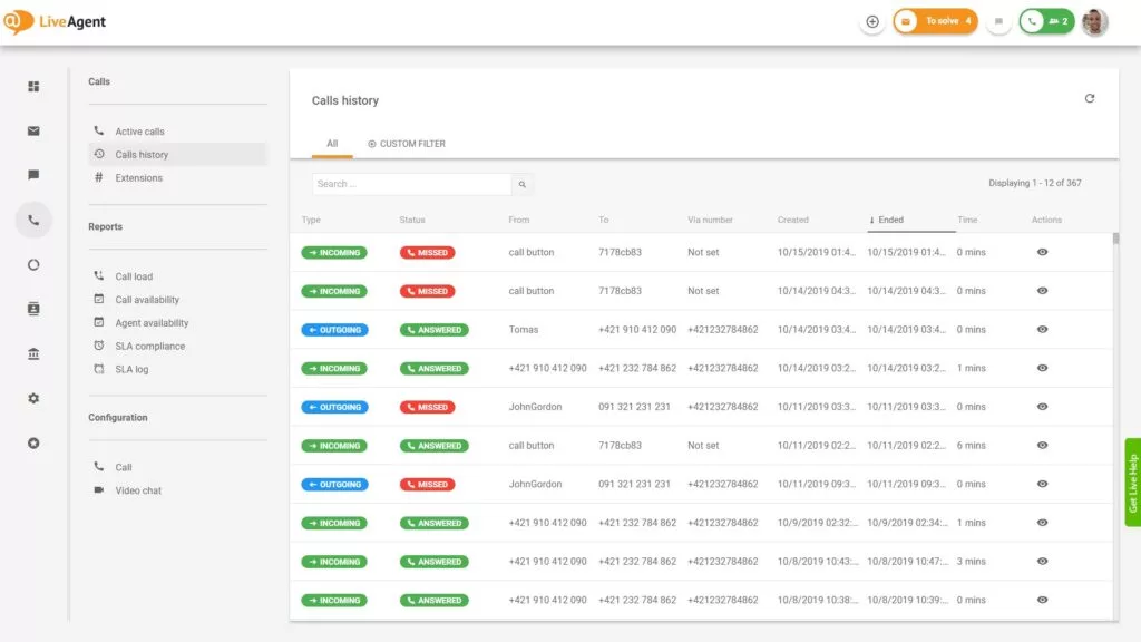 Επισκόπηση της διεπαφής call center στο LiveAgent.