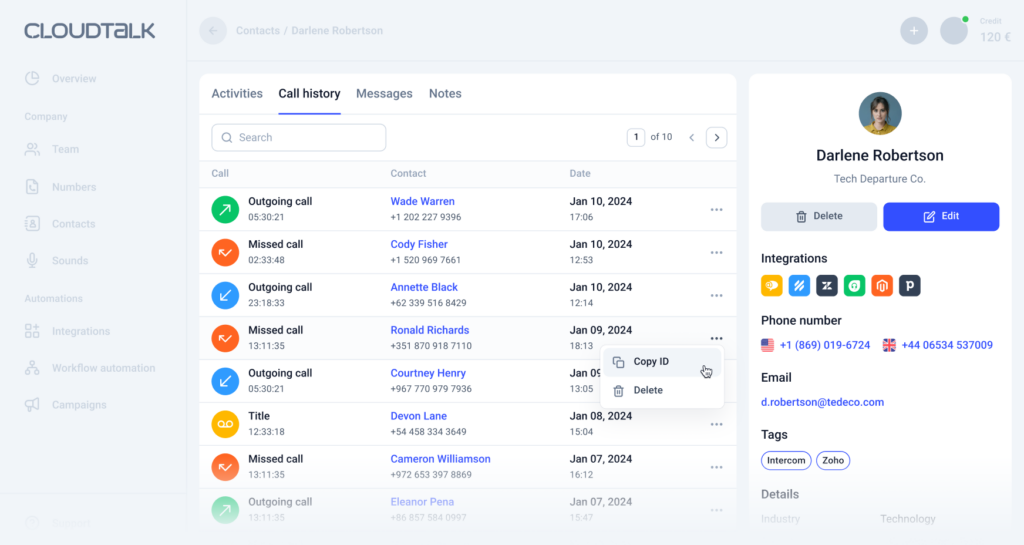 Διεπαφή χρήστη CloudTalk