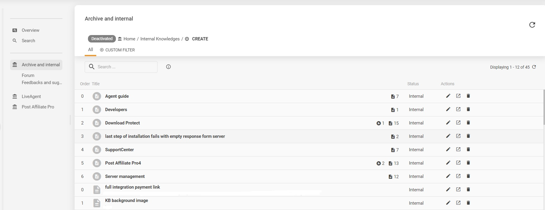 Παράδειγμα της εσωτερικής βάσης γνώσης του LiveAgent