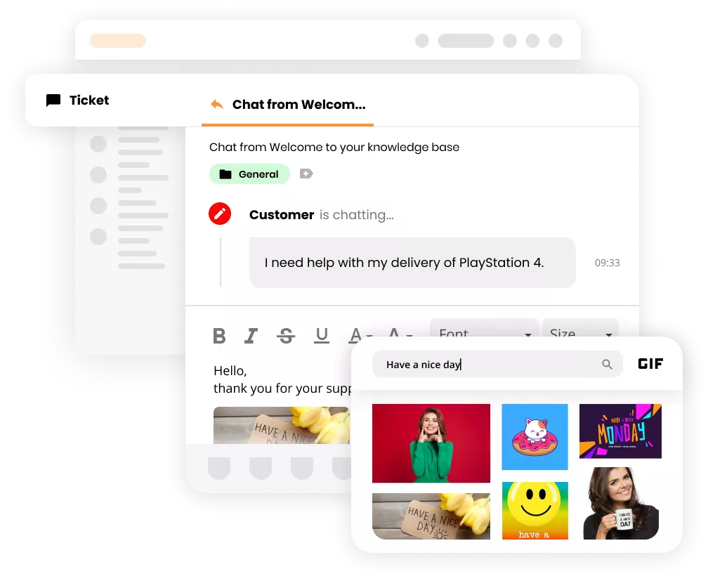 Διεπαφή συστήματος εισιτηρίων LiveAgent που δείχνει GIF σε ένα εισιτήριο.