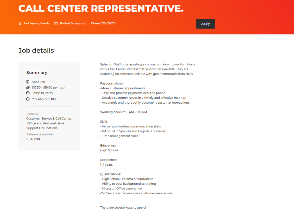 Example of a job posting for a call center representative in Florida