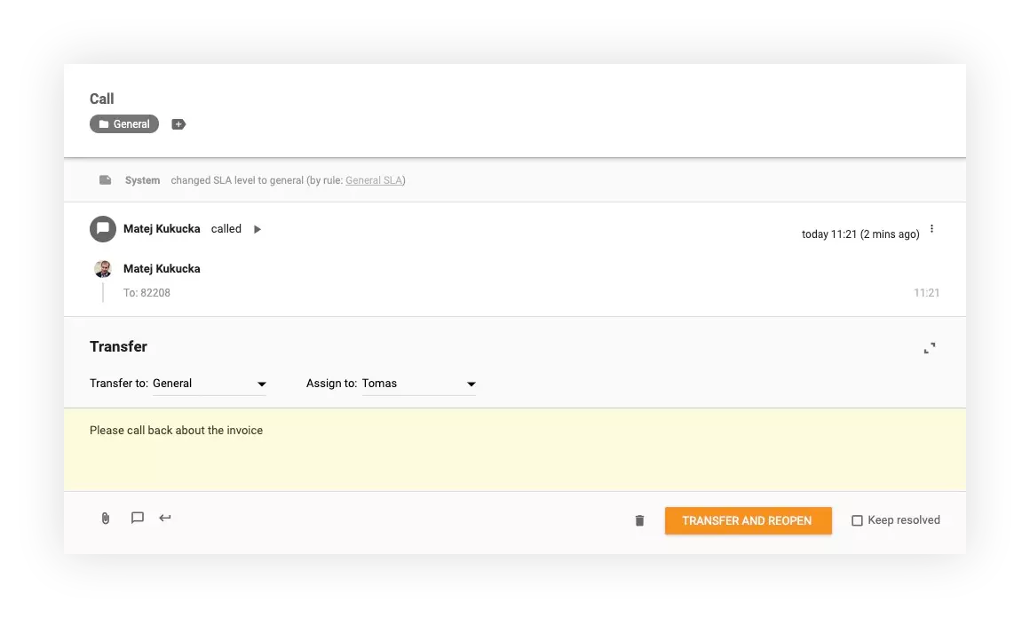 Στιγμιότυπο που δείχνει πώς να μεταφέρετε κλήσεις στο LiveAgent σε άλλα τμήματα και agents