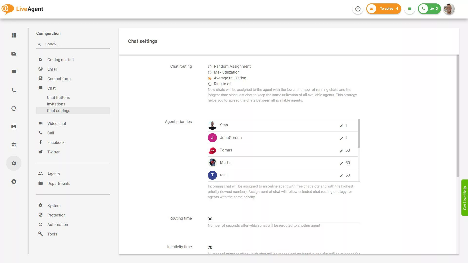 LiveAgent Chat settings