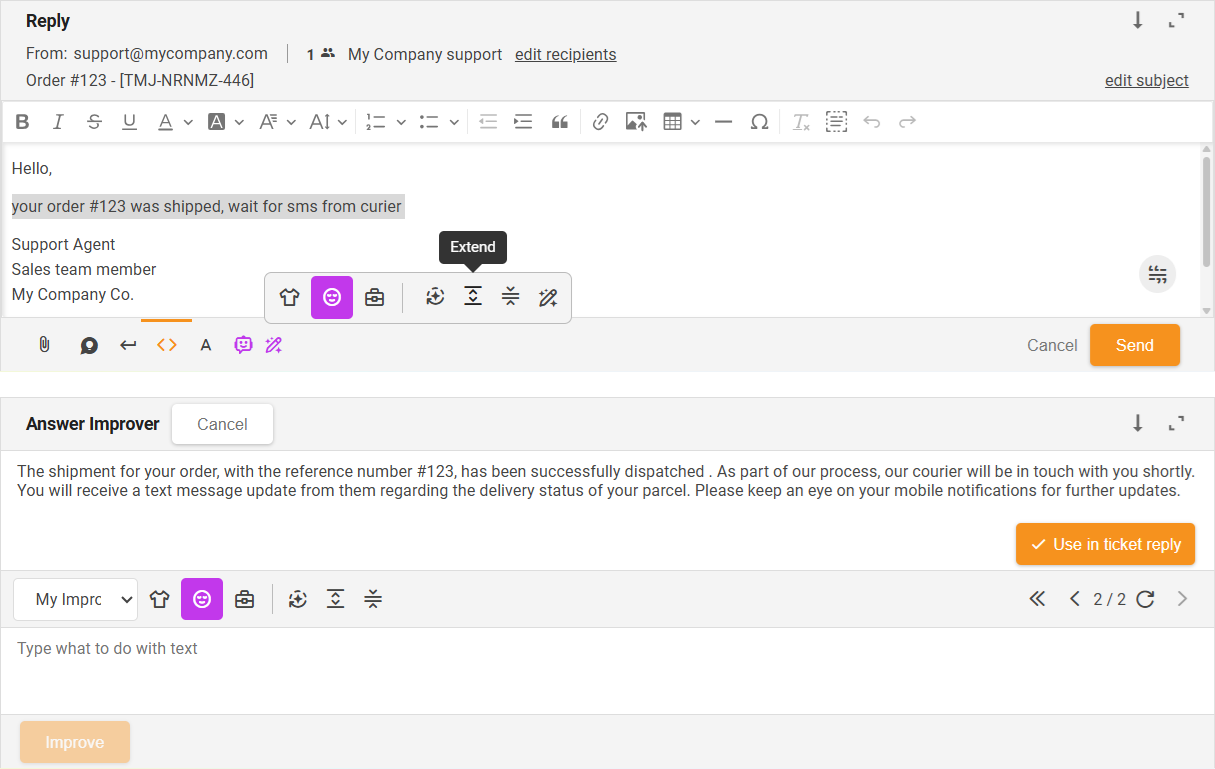 Extend function AI Answer Improver - interface overview