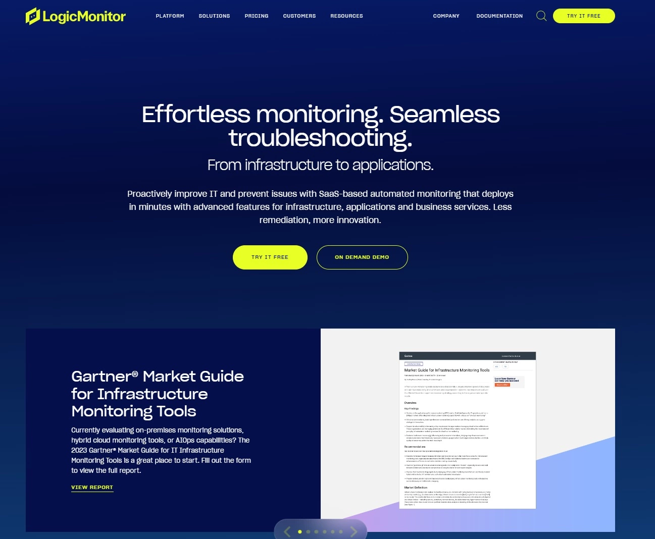 Screenshot of LogicMonitor's home page - IT performance platform for effortless monitoring and troubleshooting