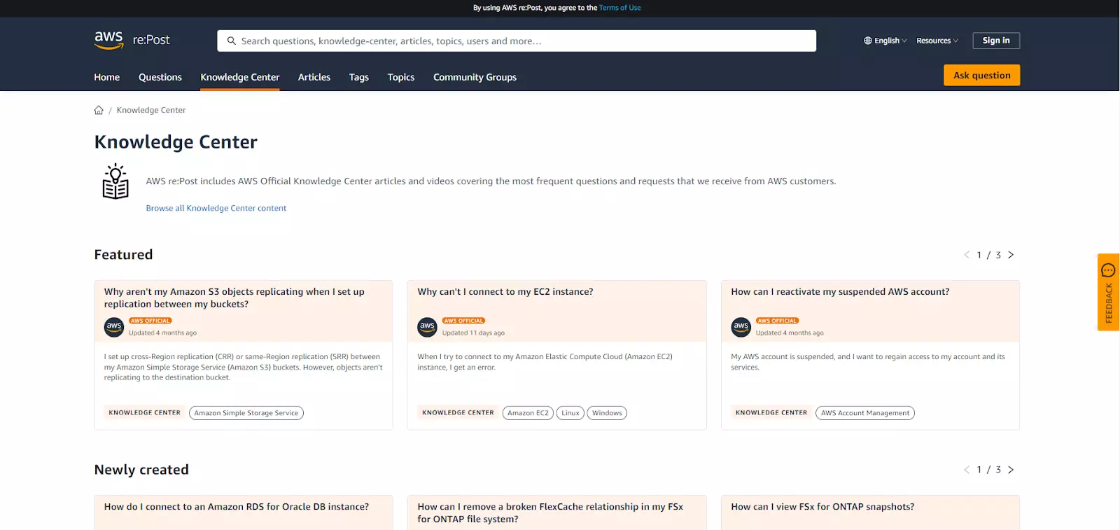 Knowledge base page of Amazon