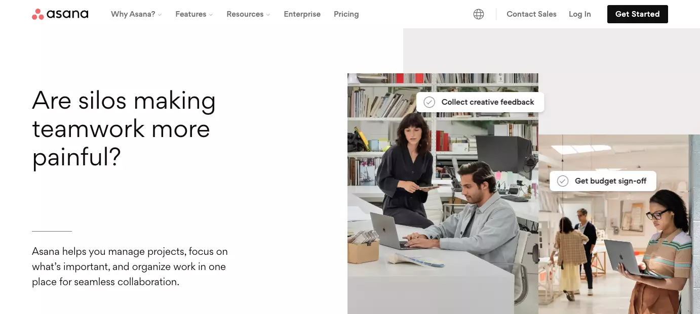 Αρχική σελίδα του Asana - βελτιώστε την αποδοτικότητα στην οργάνωσή σας βελτιώνοντας τη συνεργασία της ομάδας, οργανώνοντας την εργασία και διατηρώντας τη διαφάνεια.