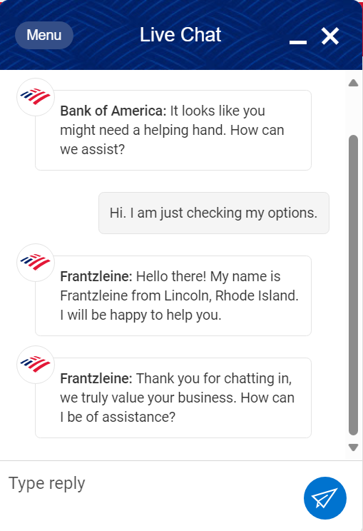 Παράδειγμα live chat της Bank of America