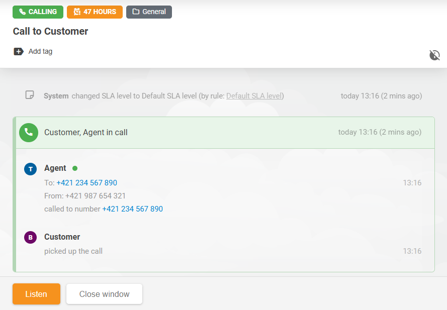 Διεπαφή χαρακτηριστικού Call Listening του LiveAgent που δείχνει πράκτορες να ακούν τρέχουσες κλήσεις