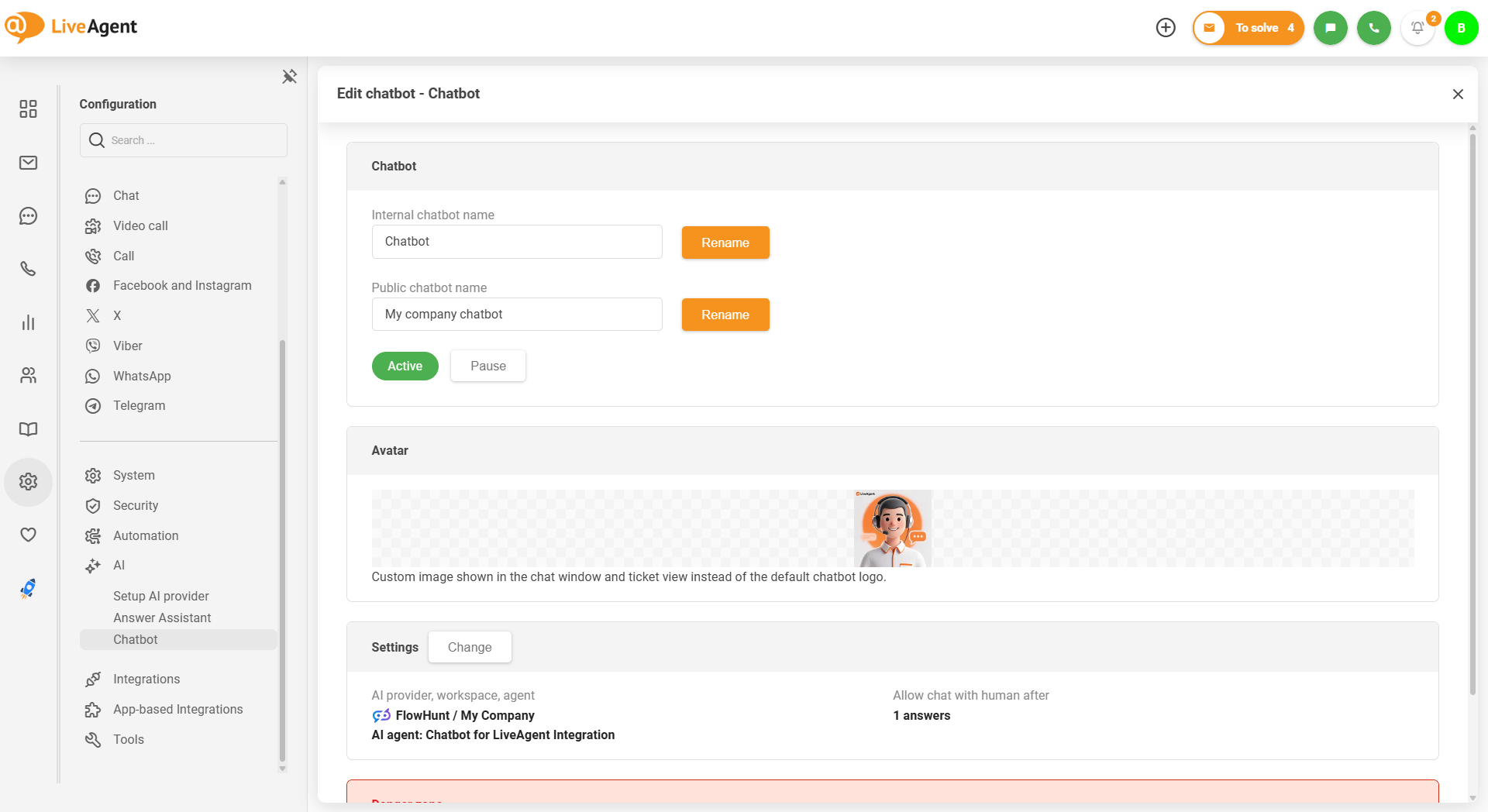 AI chatbot LiveAgent με ανέβασμα εικόνας προσαρμοσμένου avatar