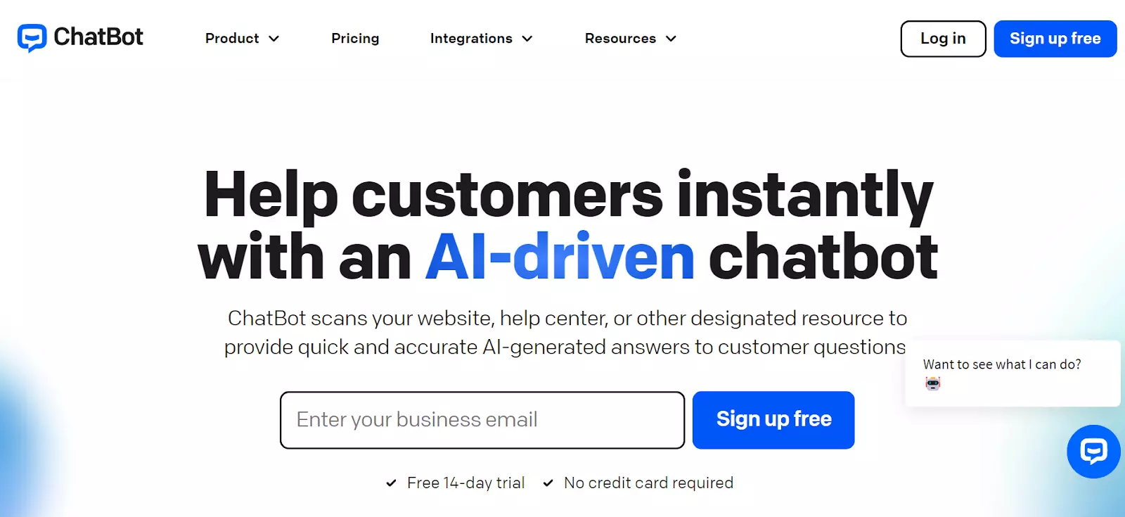 Στιγμιότυπο της αρχικής σελίδας του ChatBot - παρέχετε απαντήσεις που δημιουργούνται από AI με το ισχυρό chatbot τους