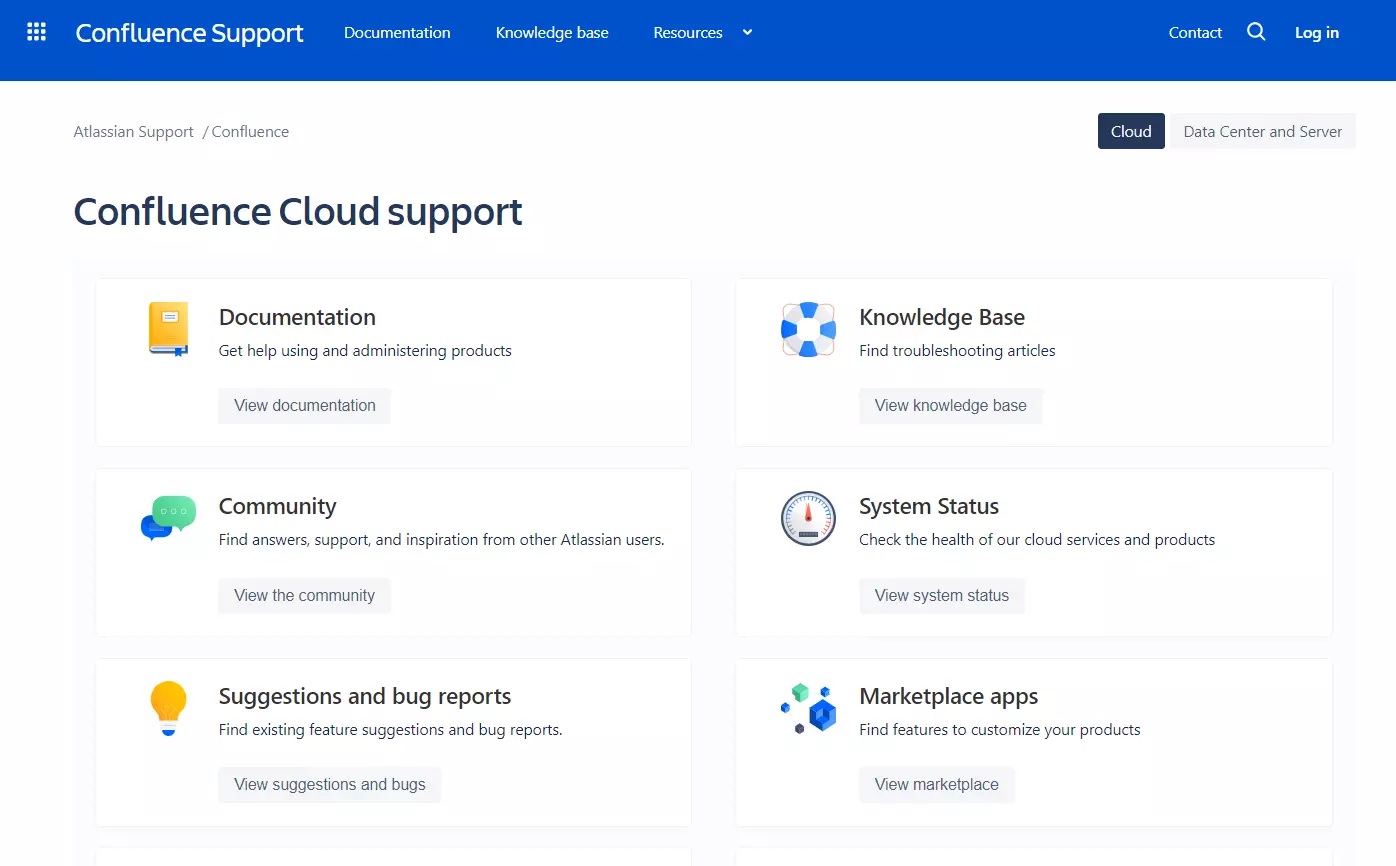 Image of Confluence's cloud support with a grid of article categories