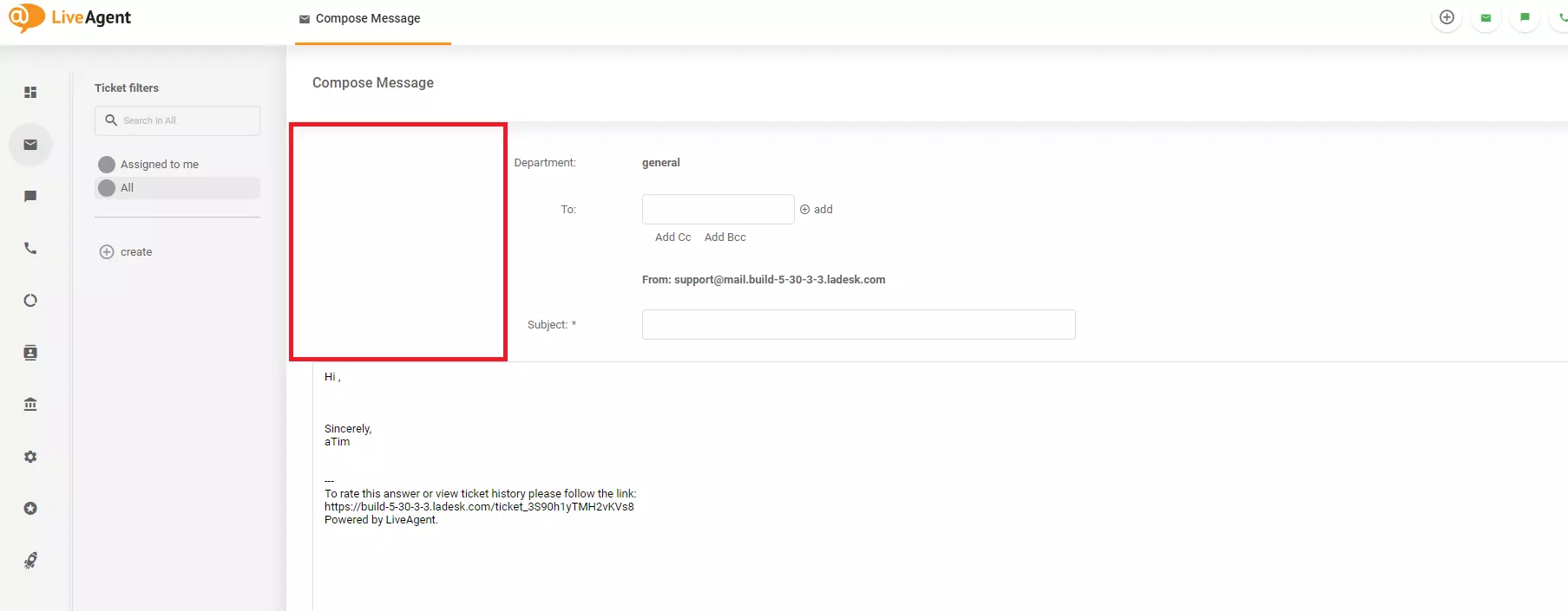 Εικόνα που δείχνει ένα πρόβλημα σχεδιασμού στην οθόνη Compose message στο LiveAgent