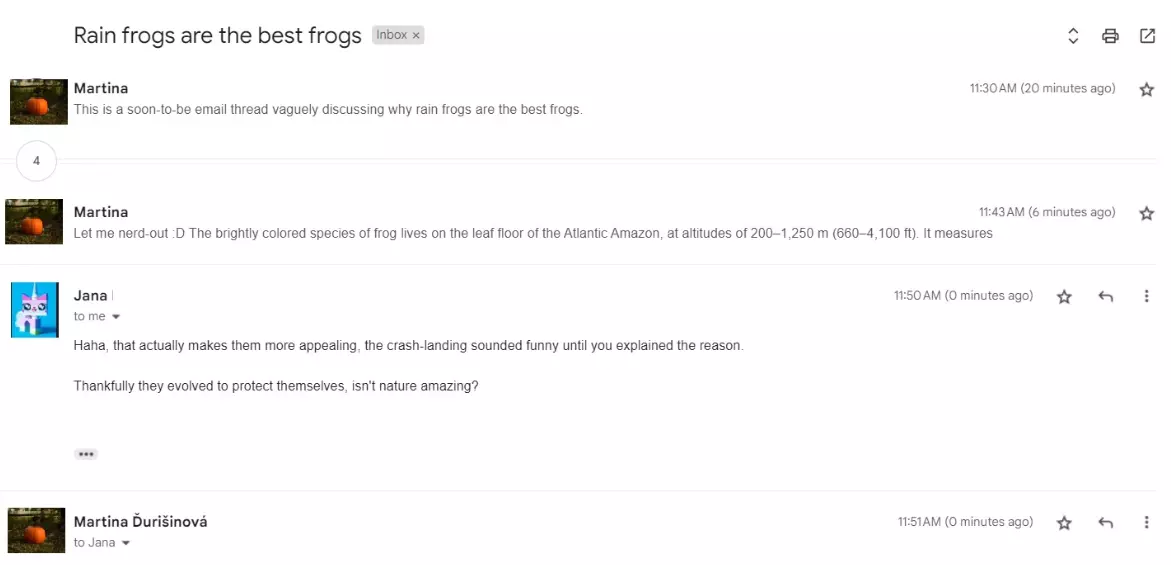 Ένα νήμα email που αποτελείται από πολλαπλά μηνύματα που συζητούν το ίδιο θέμα.