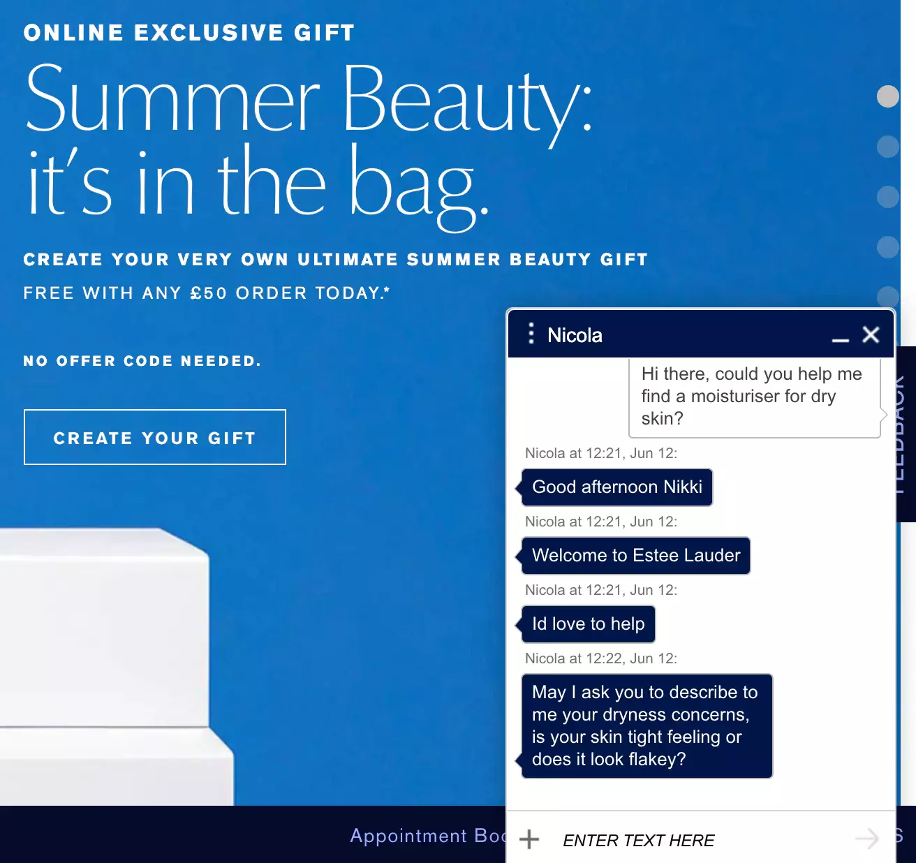 Παράδειγμα live chat του Estee Lauder