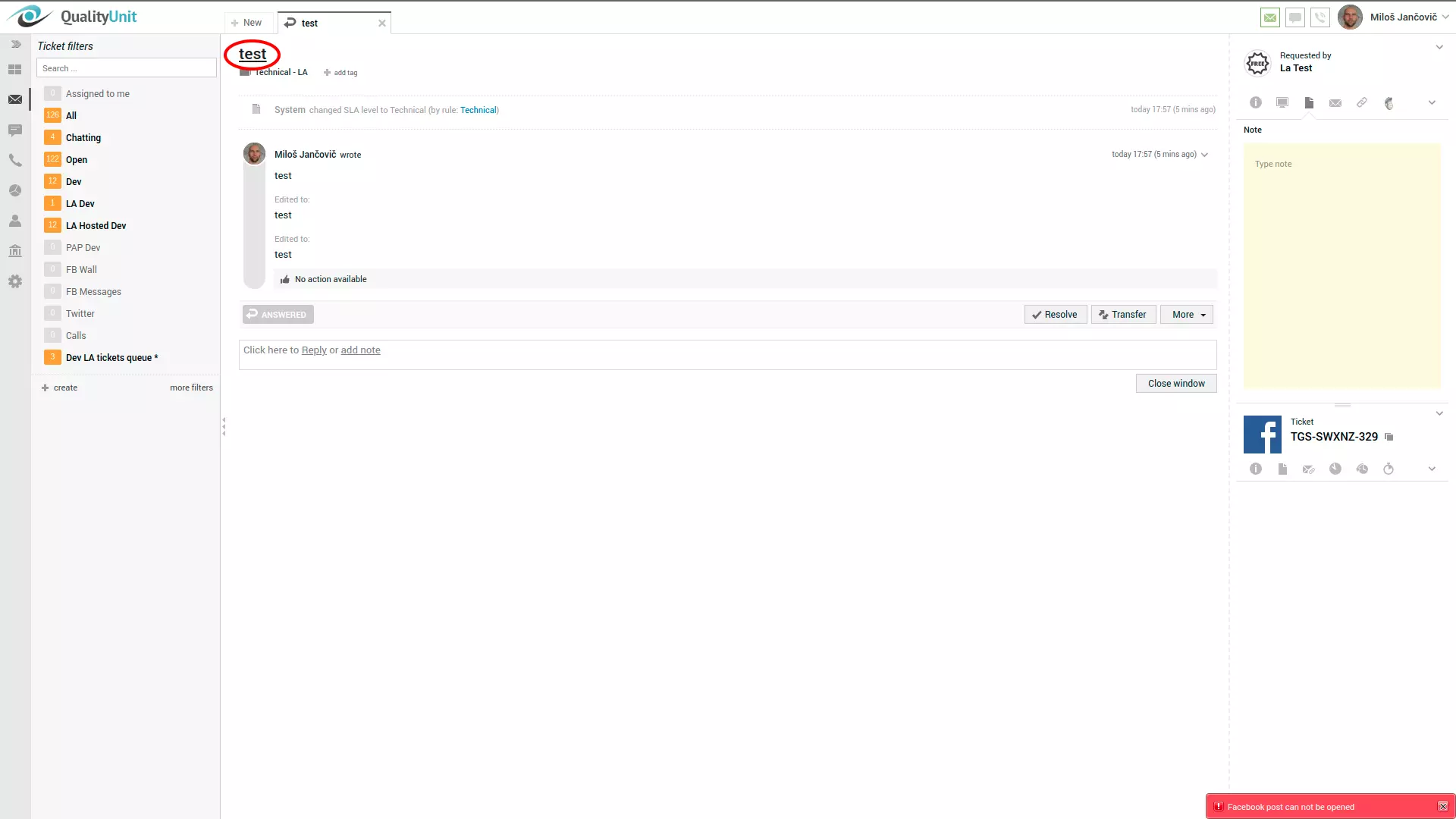 Facebook post error in the right corner of LiveAgent user interface