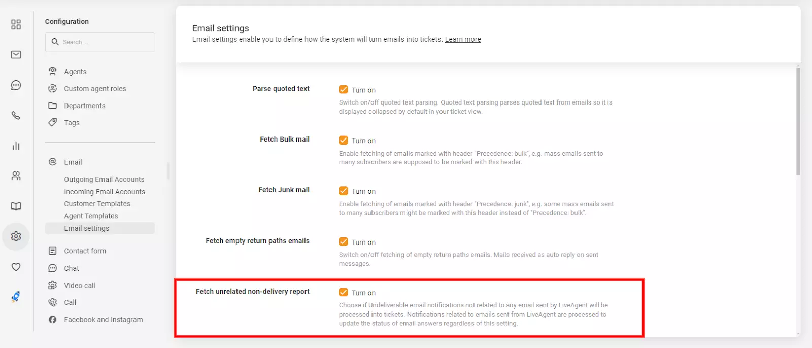 Ρυθμίσεις email στο LiveAgent που δείχνουν την επιλογή 'λήψη σχετικής αναφοράς μη παράδοσης'