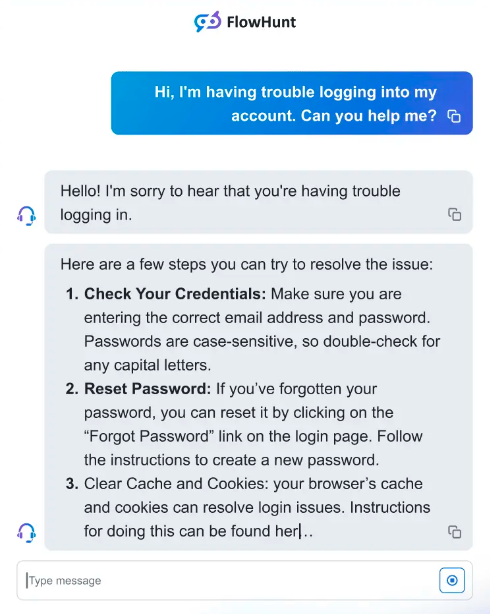 Screenshot of FlowHunt's AI chatbot answering customer questions