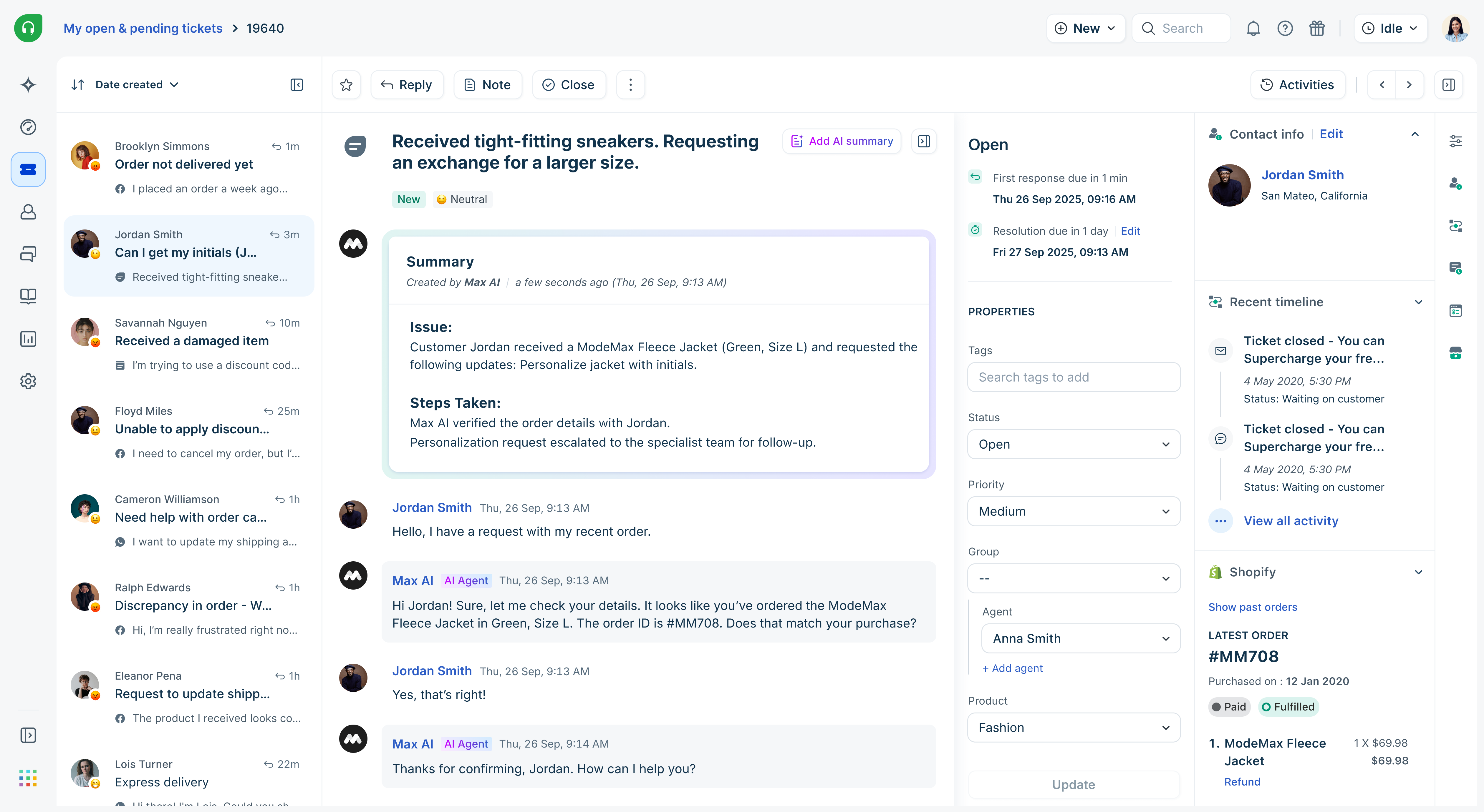 Λίστα αιτημάτων Freshdesk με στήλες προτεραιότητας και κατάστασης