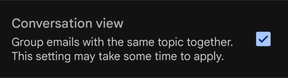 Ένα πλαίσιο ελέγχου για την ενεργοποίηση και απενεργοποίηση της προβολής συνομιλίας στην εφαρμογή Gmail