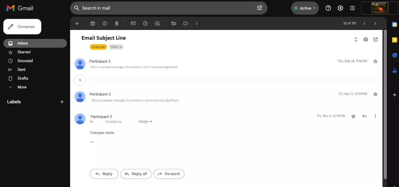 Ένα παράδειγμα ενός νήματος email μεταξύ πολλών συμμετεχόντων κατά τη διάρκεια μιας περιόδου