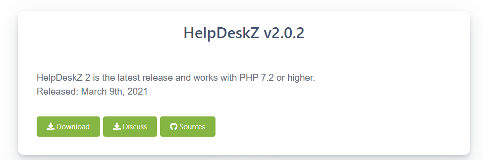 Ένα παράδειγμα της σελίδας λήψης ενός συστήματος διαχείρισης εισιτηρίων ανοικτού κώδικα με το κουμπί λήψης, συζήτηση και πηγές