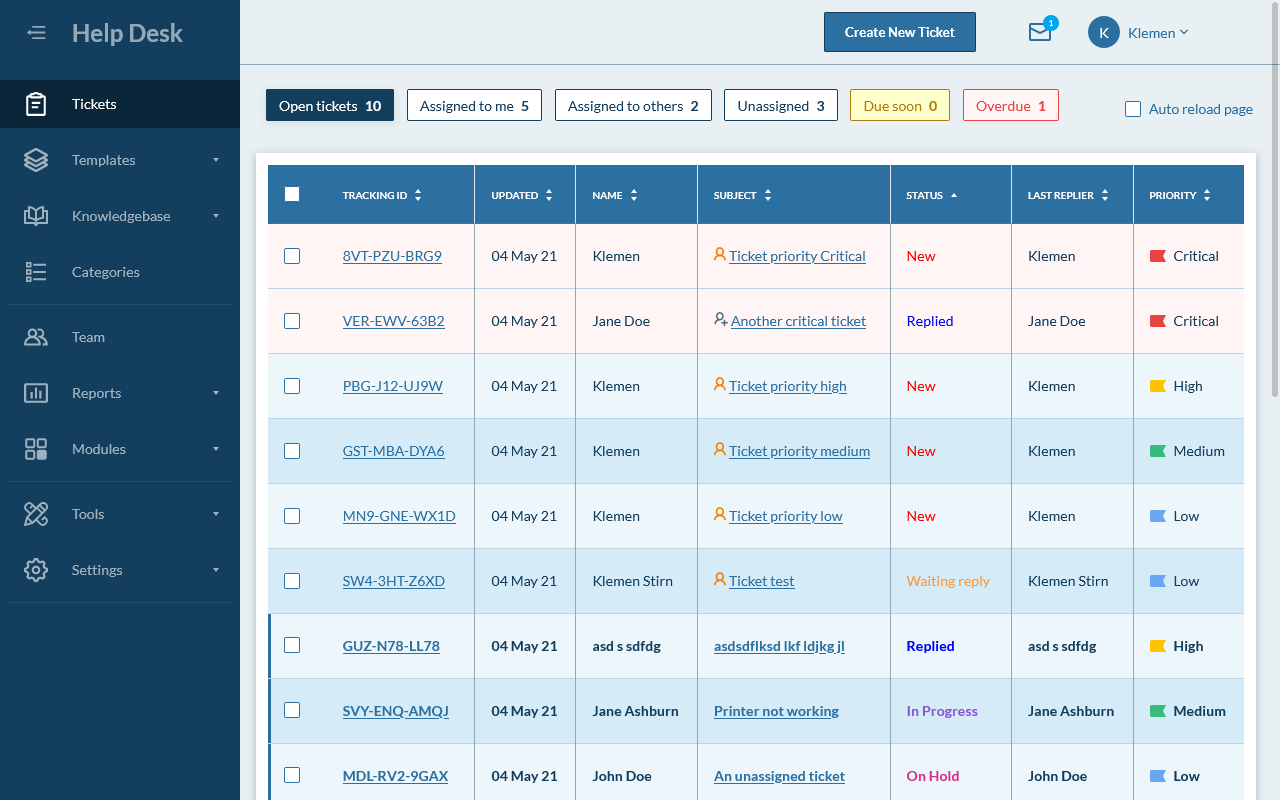 Δωρεάν self-hosted help desk Hesk - λίστα αιτημάτων στον πίνακα διαχείρισης