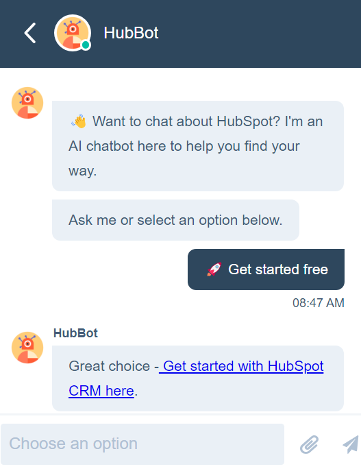 Εικόνα που δείχνει πώς μια συνομιλία live chat μέσω HubSpot