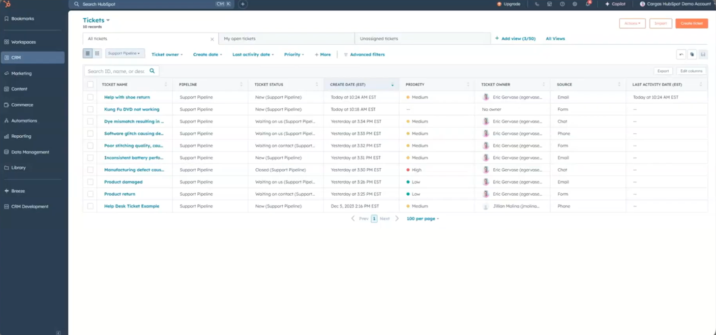 Γραμματοκιβώτιο HubSpot Service Hub με ροή αιτημάτων και εγγραφή CRM