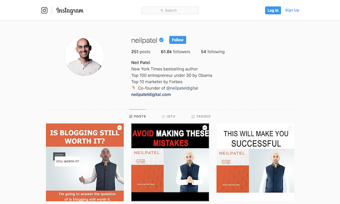 Neil Patel sharing digital marketing expertise on Instagram
