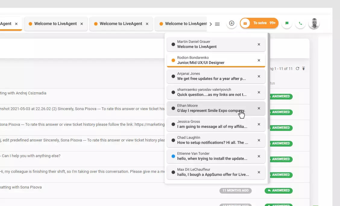 LiveAgent - Λίστα ανοιχτών αιτημάτων