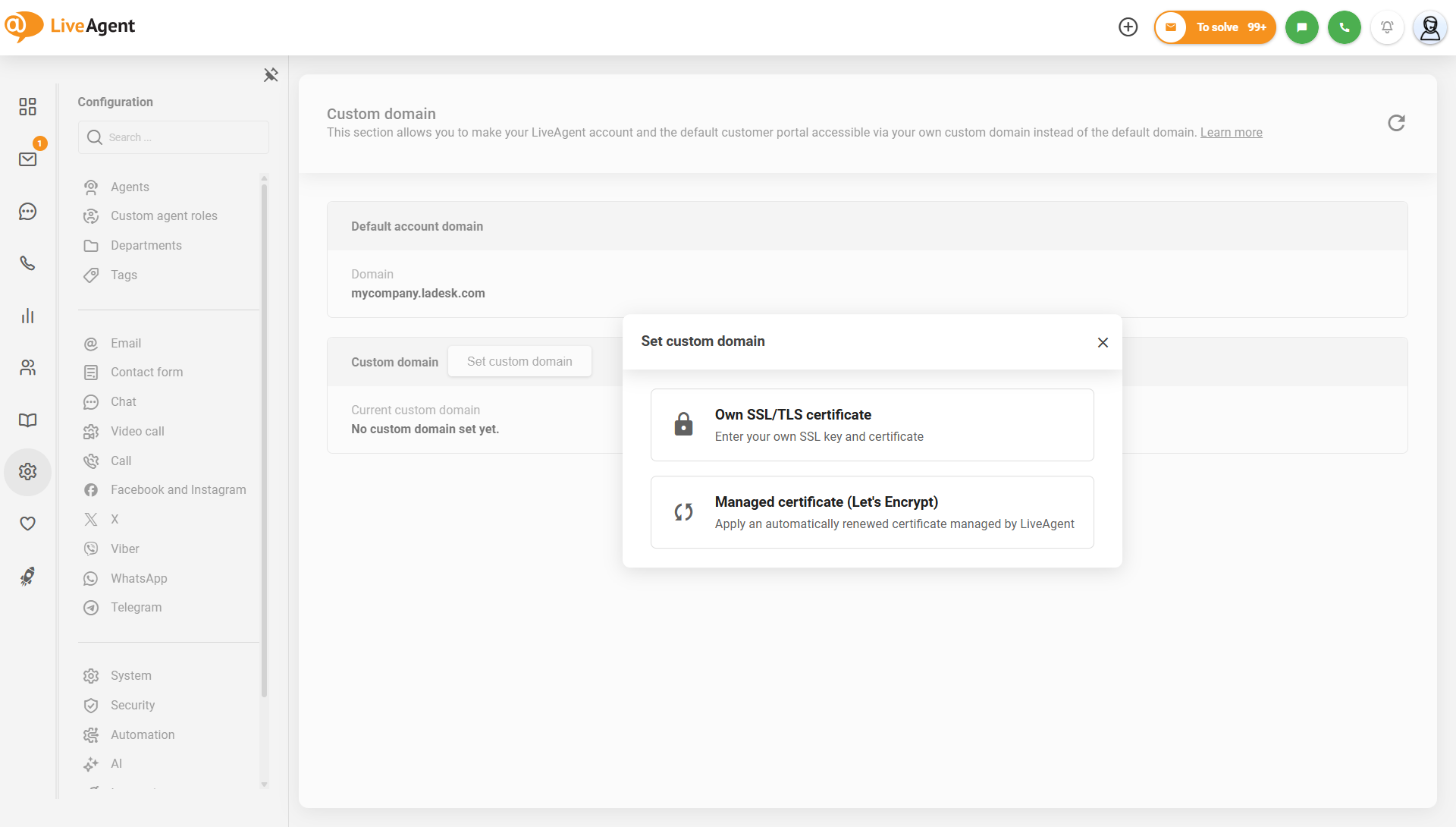 Ρυθμίσεις προσαρμοσμένου domain LiveAgent με επιλογή διαχειριζόμενου πιστοποιητικού Let's Encrypt