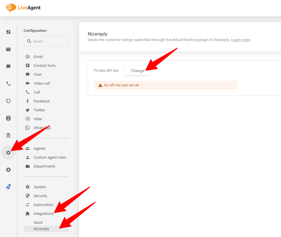 Η εικόνα δείχνει πού να τοποθετήσετε το κλειδί API που δημιουργήθηκε στο λογαριασμό LiveAgent σας