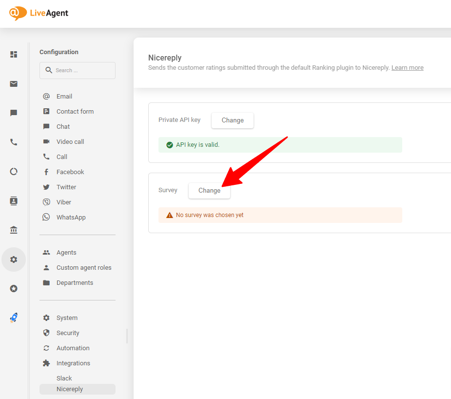 Επιλέξτε την έρευνα Nicereply που θέλετε μετά την επικόλληση του κλειδιού API στο LiveAgent