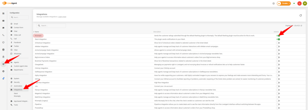 Η διαδικασία ενεργοποίησης της ολοκλήρωσης με το Nicereply στις ρυθμίσεις LiveAgent