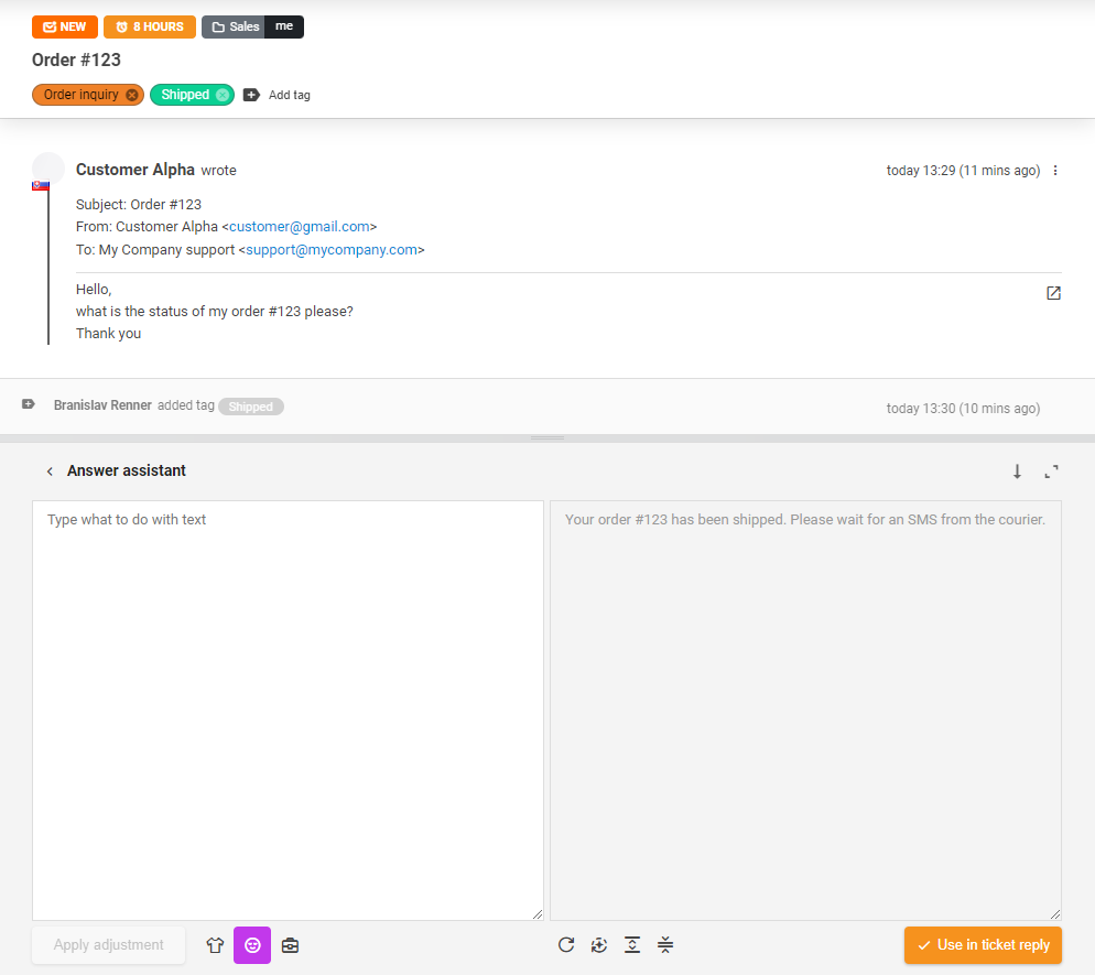 Εργαλείο AI Answer Assistant σε χρήση για απάντηση εισιτηρίου