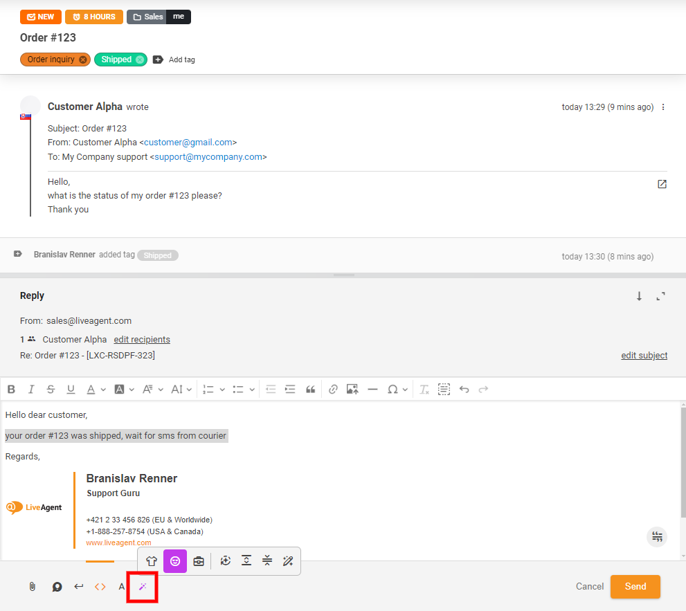 Στιγμιότυπο του κουμπιού AI Answer Assistant στην προβολή συνομιλίας
