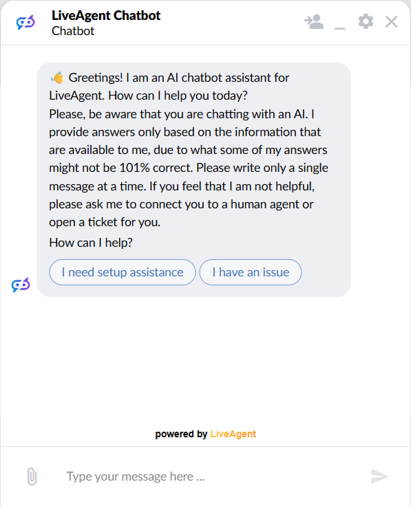 Παράθυρο συνομιλίας LiveAgent που δείχνει έναν χαιρετισμό AI chatbot με δύο κλικ-κουμπιά απαντήσεων για βοήθεια ρύθμισης και αναφορά προβλήματος