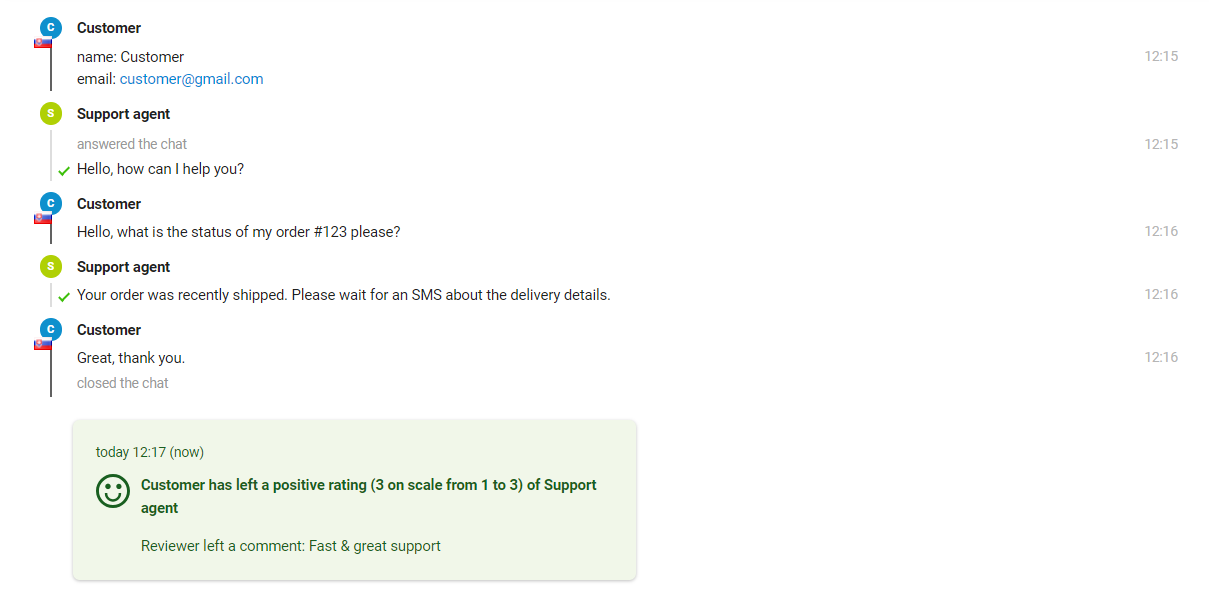 Η εικόνα δείχνει την αλληλεπίδραση μεταξύ ενός πελάτη και ενός πράκτορα υποστήριξης, όπου ο πράκτορας μπορεί να δει την αξιολόγηση στο τέλος του μηνύματος