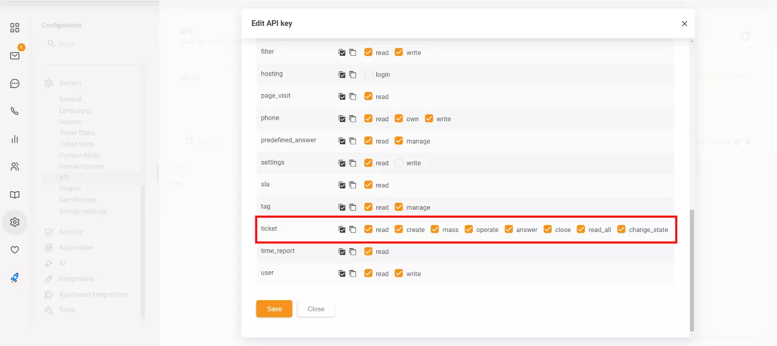 Η ενότητα Edit API key στο LiveAgent που δείχνει τις νέες άδειες 'close' και 'change_state'