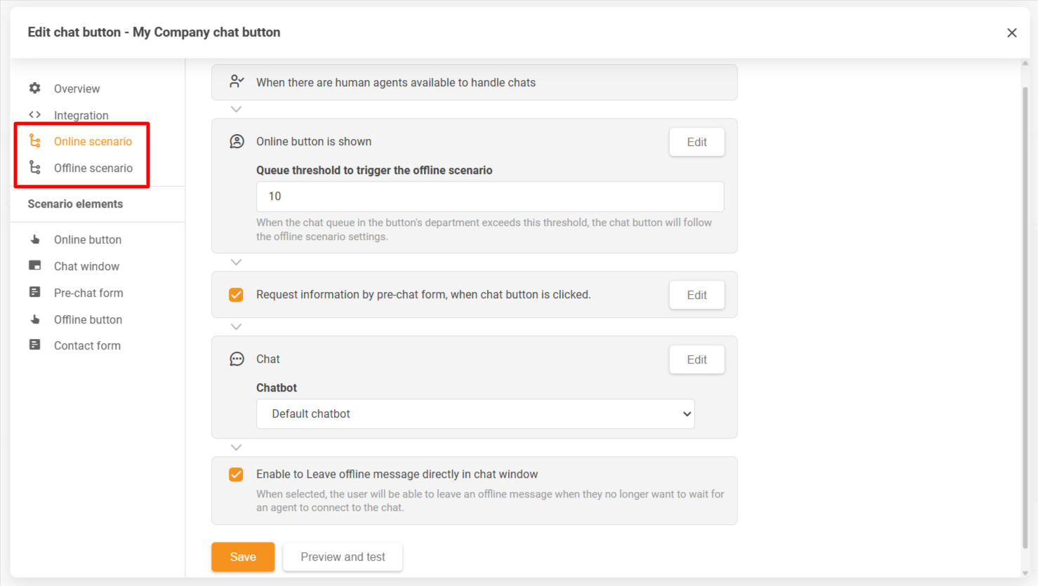 Παράθυρο διαμόρφωσης κουμπιού συνομιλίας LiveAgent που δείχνει σενάρια σε σύνδεση και εκτός σύνδεσης