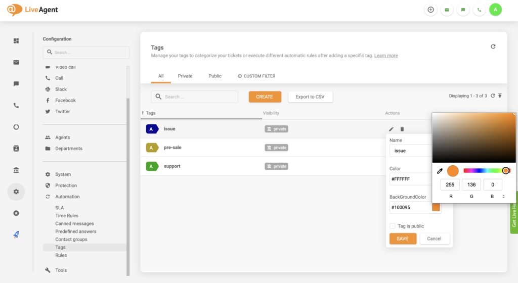 Tag color change setting update in LiveAgent