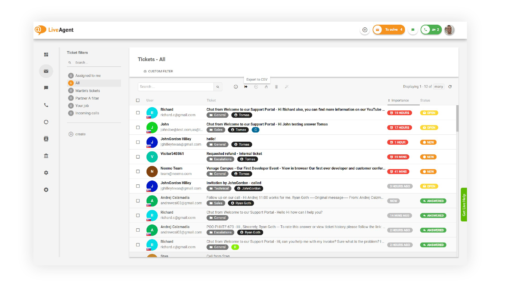 Καθολικό γραμματοκιβώτιο LiveAgent με αιτήματα email, chat και κλήσεων σε μία ουρά