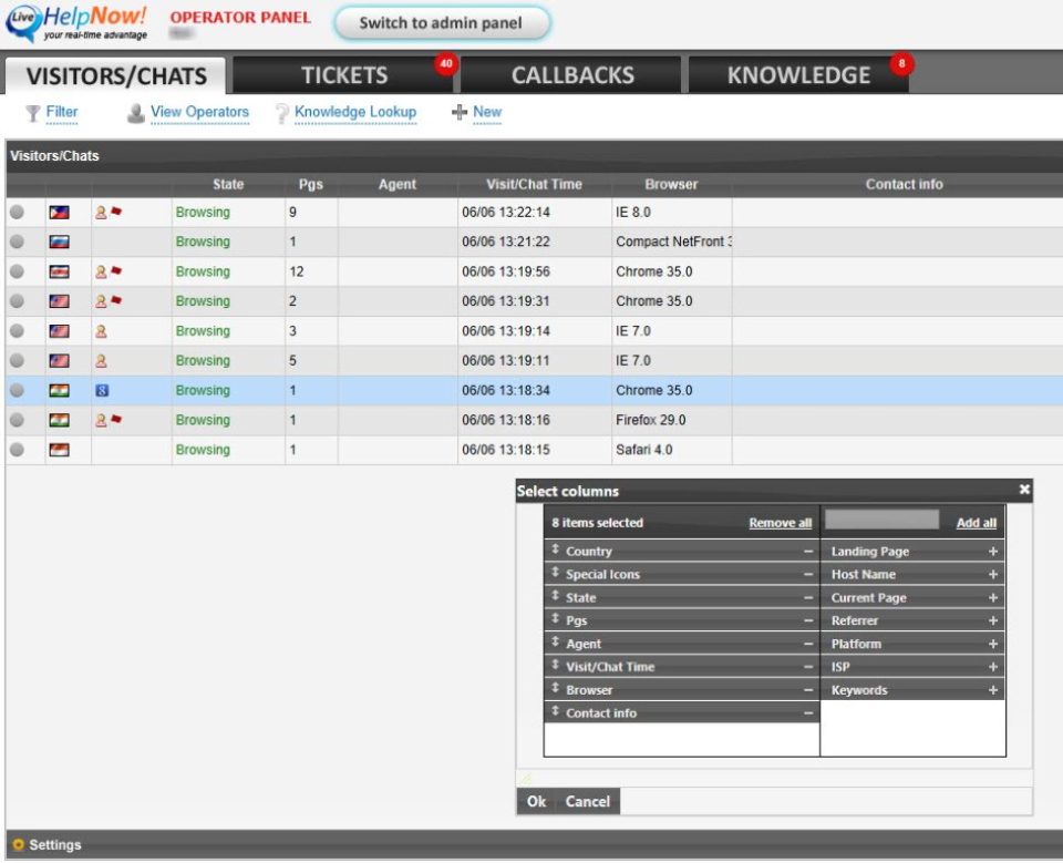 Πίνακας ελέγχου chat LiveHelpNow