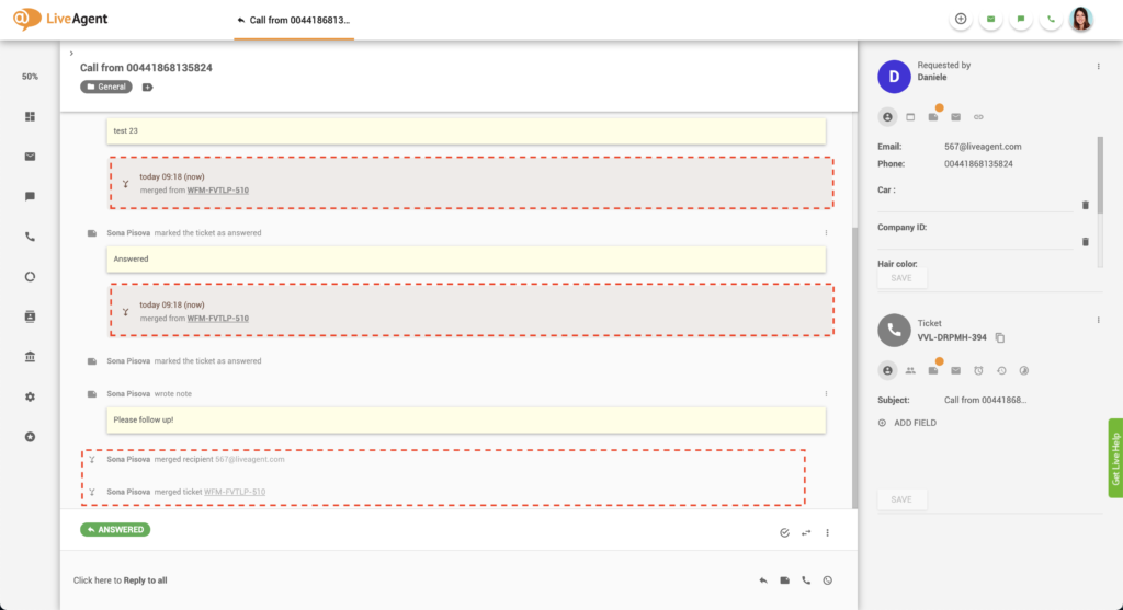 Συγχωνευμένο νήμα εισιτηρίου στο LiveAgent