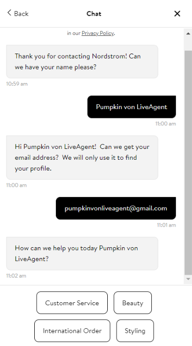 Χαρακτηριστικό chatbot Nordstrom